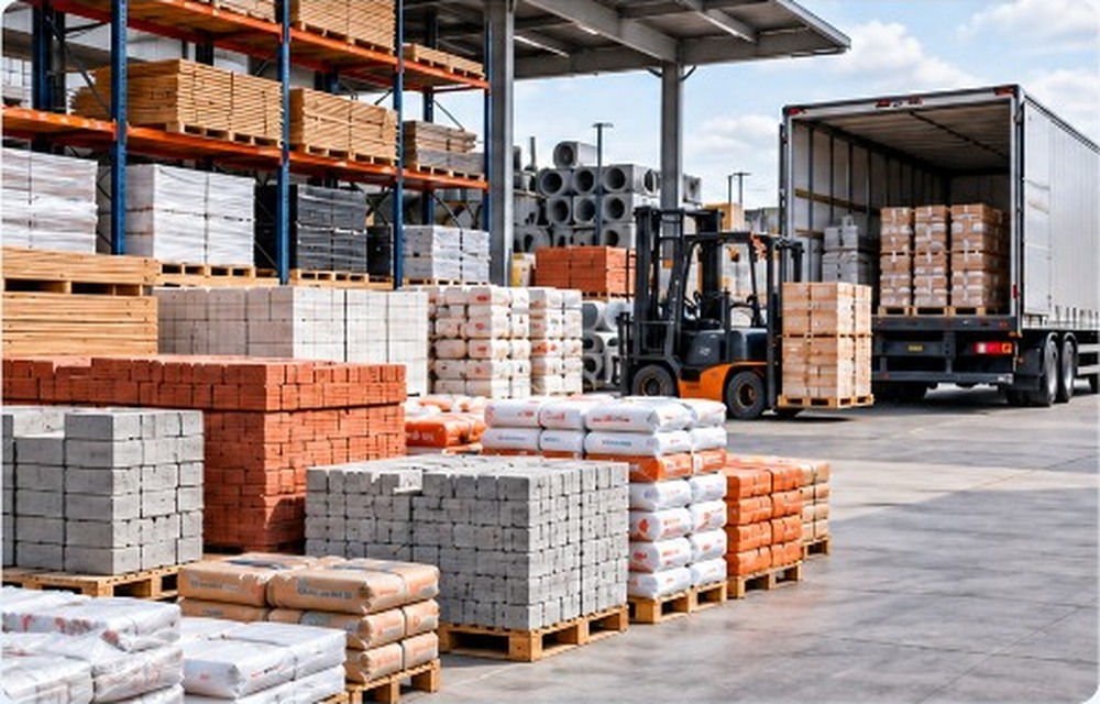 Curte de materiale de construcții cu paleți, stivuitor și camion la încărcare.